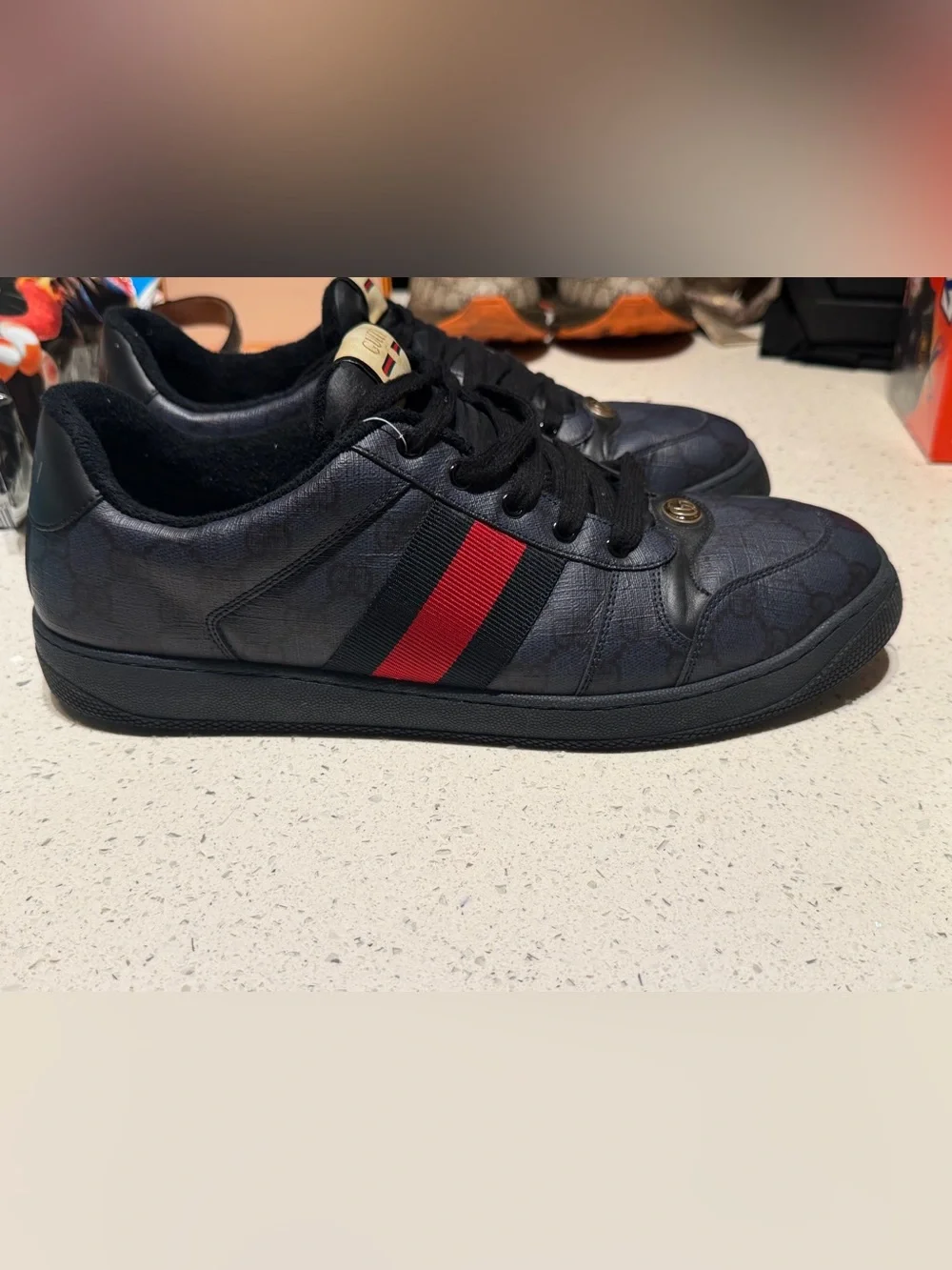 Gucci screener navy blue leather Low-Top Sneakers with Red and Blue Web Stripe